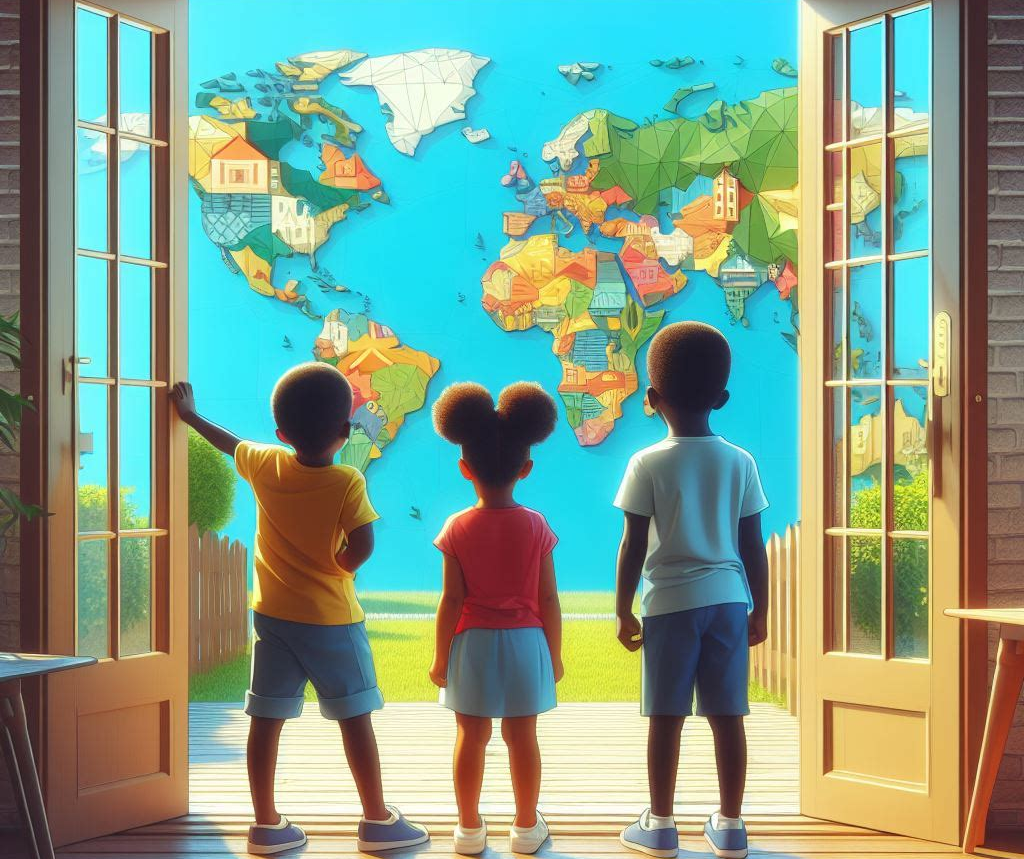 Three children standing in the doorway of their home peering a a map of the world in their backyard.